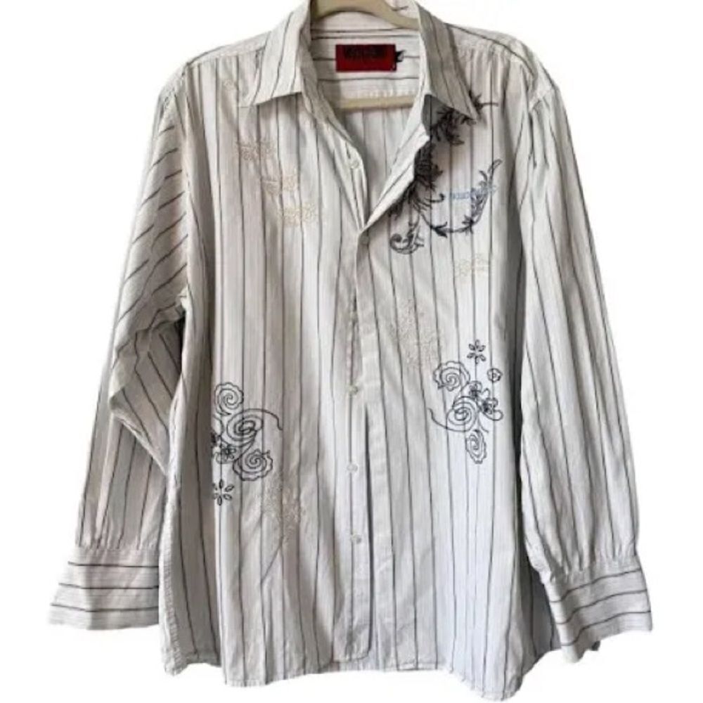 Y2K Vintage Embroidered Striped Men’s Button Down Moschino White Shirt Large